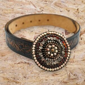 Cache Brown Tooled Belt Medallion Covered In Swarovski Crystals Sz M - USA Made